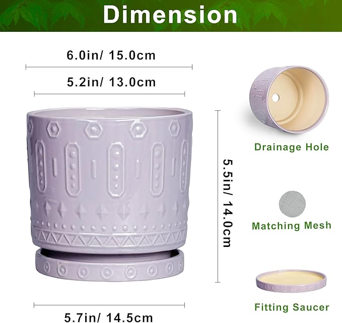 Ceramic Pots for Plants, 6 Inch Plant Pot for Indoor Outdoor Plants, Round Planter with Drainage Holes and Saucer, Boho Decorative Flower Pots, Apartment Decor, Plant Lover Gifts, Purple