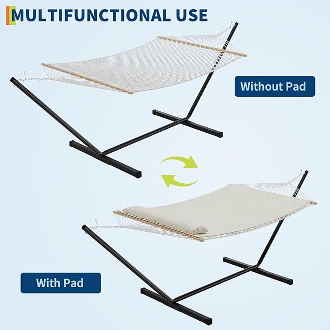 Double Hammock with Stand, 2 Person Portable Foldable Outdoor Hammock with Pad & Pillow, 450lb Capacity Heavy-Duty Hammock for Garden, Patio, Backyard, Off White