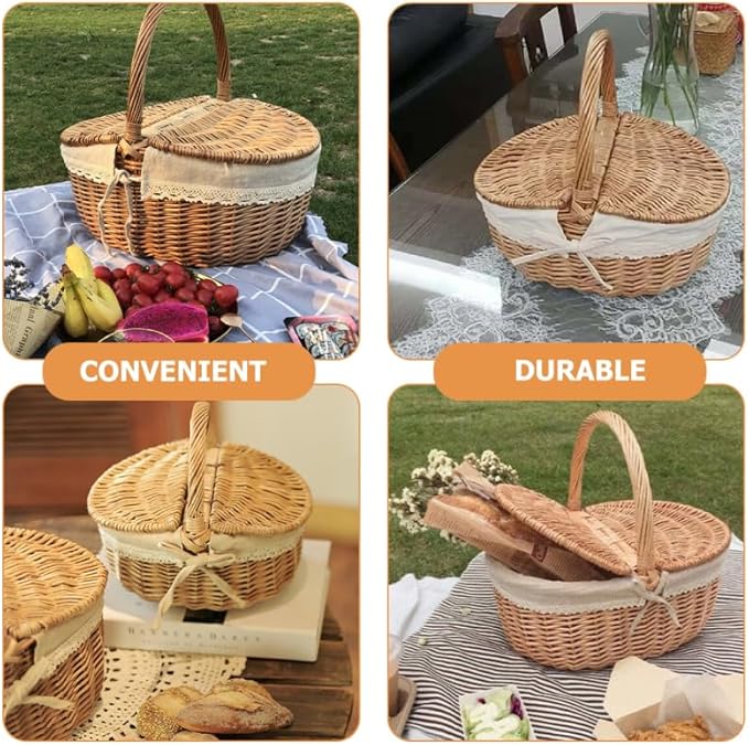 Large Wicker Picnic Basket with Lid and Handle, Sturdy Woven Picnic Basket with Liner, Fruit Bread Storage for Outdoor Camping, Easter Party, Garden Picking