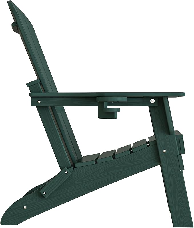 Plawdlik Folding Adirondack Chair Set of 6 with Cup Holder，Wooden Textured ，Heavy All-Weather HDPE Comfortable Set Poolside Backyard Lawn, Green