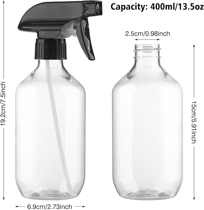 Aeibxiy Plastic Spray Bottles 13.5oz/400ml, Clear 2 Pack Mist Stream Adjustable Water Spray Bottle, BPA-Free, Empty Refillable Container for Hair, Cleaning, Plants, Essential Oils