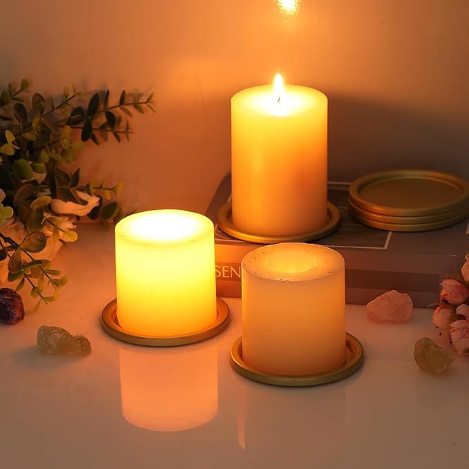 OwnMy 3PCS Iron Candle Holders for Pillar Candles, 3 Inch Metal Pillar Candle Plates and Trays, Small Round Tealight Holders Elegant Candle Stands Bases for Wedding Dining Table Centerpieces, Gold