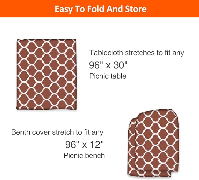 KENOBEE 8ft Picnic Table and Bench Cover, Camping Essentials RV Gear, 96 in Waterproof Windproof Outdoor Elastic All Around Tablecloth, Fitted Rectangle Tables and Seats, Coffee-White Moroccan