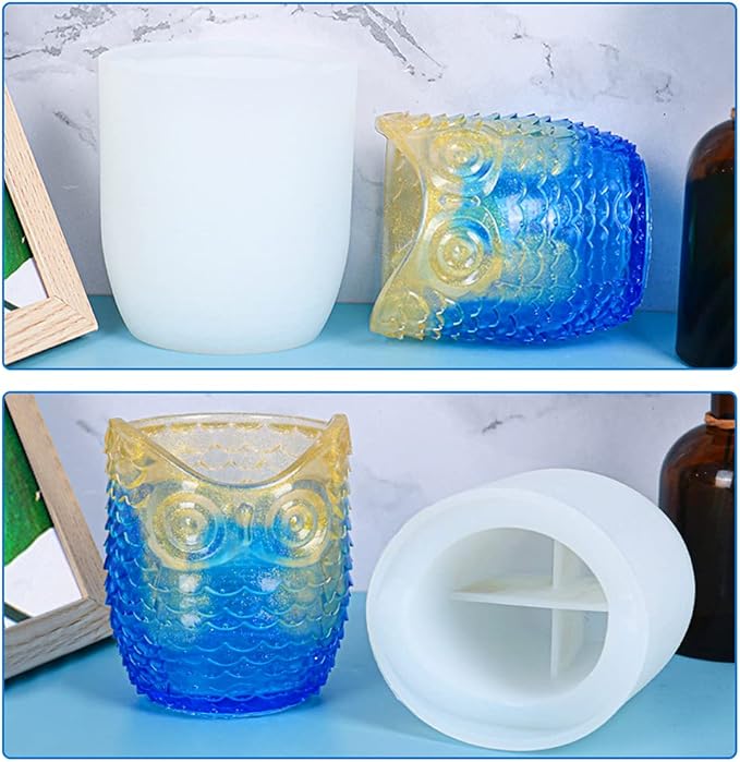 FineInno Pen Holder Resin Silicone Mold, Owl Candle Holder Mold, Cup Epoxy Casting Mould Planter DIY Storage Jar Jewelry Trinkets Beads Candy Container, Home Decor