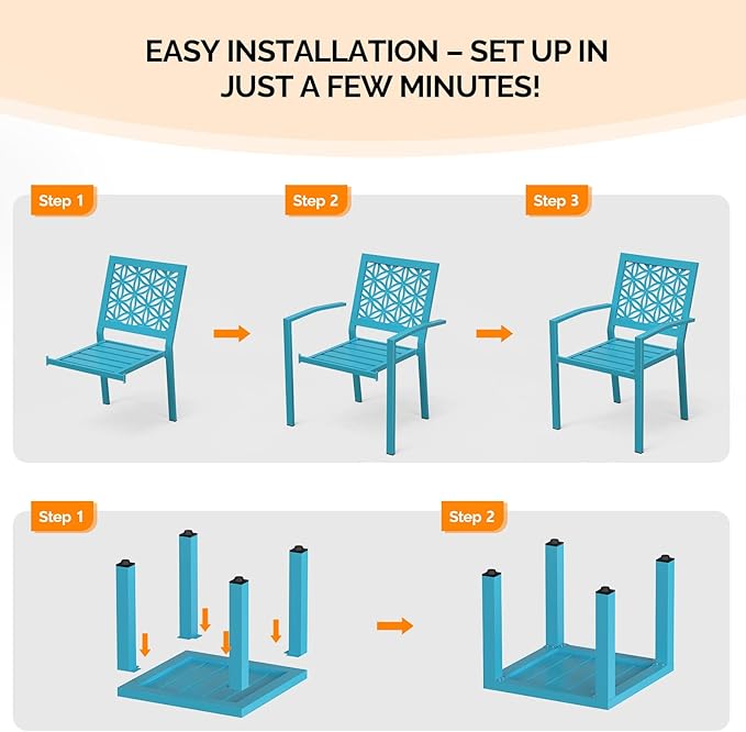 VINGLI 3-Piece Outdoor Bistro Set, Stackable Modern Metal Steel Table and Chairs with Rust-Resistant Coating, Small Patio Furniture Conversation Set for Porch, Deck, Balcony, Garden, Blue