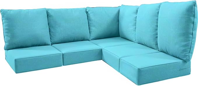 Luxury 24x24x6 Outdoor Cushions for 5-Seat Sectional Sofa Set of 5 - Water-Repellent 11-Piece Patio Cushion Set for Outside Rattan Wicker Loveseat Chair L-Shape Couch - Turquoise/Classic