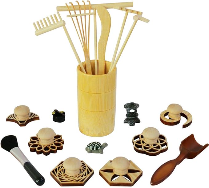 Zen Garden Rake Stamp Tools - Meditation Rock Sand Garden Accessories – Office Desktop Mini Zen Gifts for Man Women Bamboo Rakes Holder Brusher Spoon Figurines