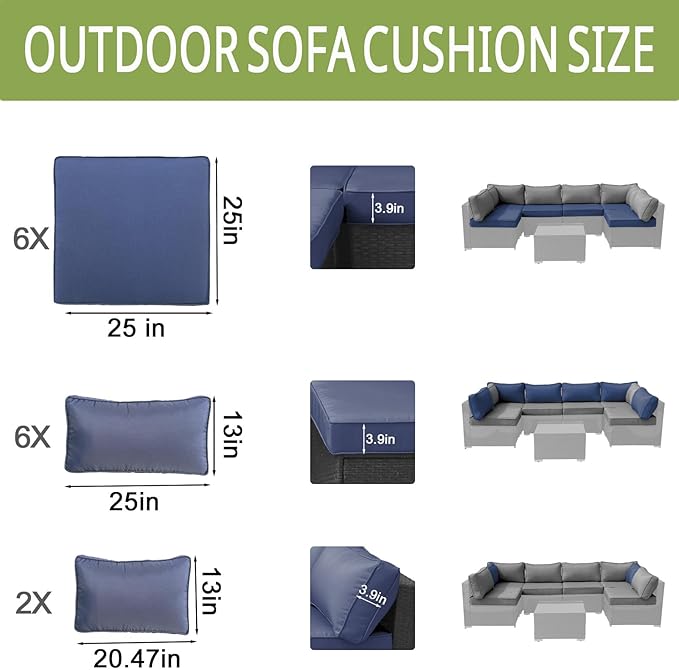 14Piece Outdoor Sofa Cushion Replacement, Patio Furniture Waterproof Cushion with Zippers, fit 6-Seat Outdoor Wicker Rattan Sectional Couch (Dark Blue, 24.8"x24.8"x3.15")