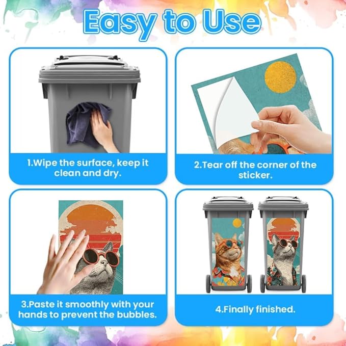 2PC Trash Can Sticker 14.57 x 32.28 Inch Cool Cat Design Summer Beach Theme Decorative Garbage Bin Cover Outdoor Trash Can Decal Art for Home Yard Garden Holiday Decoration