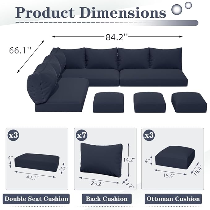 U-MAX Outdoor Cushions, 4 inch Memory Foam Patio Replacement for Outdoor Furniture, Fits 7-Seats Sectional Rattan Conversation Set, Splashproof Covers (Navy)