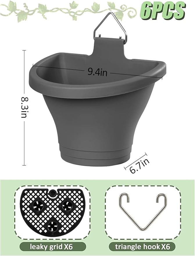 MADHOLLY 6Pcs Hanging Vertical Planter- Plastic Wall Hanging Planter with Hooks Leaky Grid- Self Watering Hanging Pots for Indoor Outdoor Garden Fence Hanging Decorations (Gray)