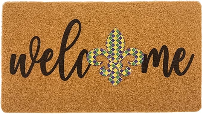 Mardi Gras Welcome Door Mat Outside Entrance, Faux-Coir Thin Doormat, Holiday Outdoor Decoration Outdoor Porch-Rug 17"X30" Non-Slip Dirt-Trapping for Home Garden Farm Spring Decor