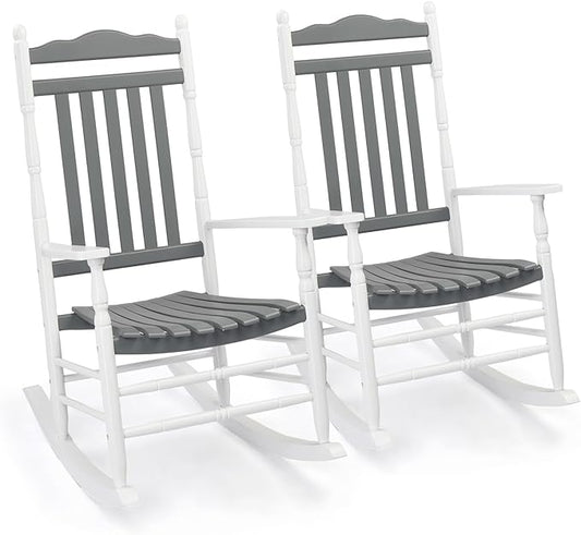 VINGLI Wooden Rocking Chair, Outdoor Chair with 450 lbs Support, Relaxing Rocker with Solid Wood High Back Seat Reclining Seat for Deck, Garden, Backyard, Porch (White & Grey, 2PCS)