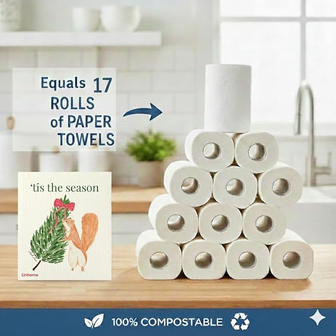 Christmas Holiday Swedish Dishcloth, Reusable Paper Towel, Super Absorbent Cellulose Sponge, Washable Kitchen Cleaning Cloth (Evergreen Holiday - 4 Pack)