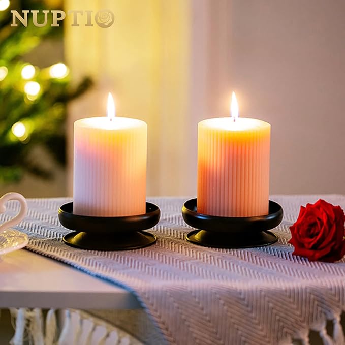 Set of 2 Black Iron Pillar Candle Holders Spike Candle Holder 3.6"/ 9cm Diameter. Ideal for Wax or LED Candle Gardens, Spa, and Aromatherapy, Incense Cones, Wedding, Party, Spa, as Pedestal