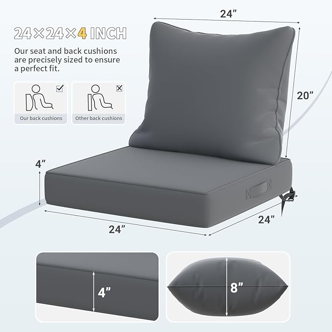 UDPATIO Outdoor Cushions for Patio Furniture, 24 x 24 Outdoor Deep Seat Cushions with Waterproof Fade Resistant, Adjustable Snaps, Removable Cover and Handle, Grey