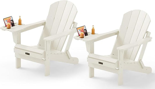 SERWALL Folding Adirondack Chair Set of 2, Adirondack Chairs with 4 in 1 Multi-Functional Cup Holder, All Weather Patio Chair with Wood Texture, Fire Pit Chairs for Outdoor, Garden, Backyard - White