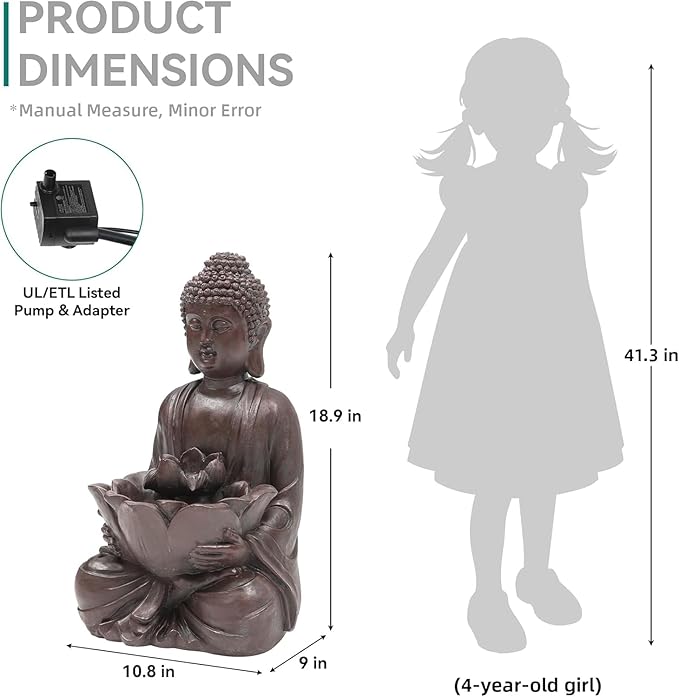 18.9" H Buddha Outdoor Water Fountain, Zen Style Garden Fountain with LED Lights and Pump, Relaxing Waterfall for Patio, Porch, or Yard Decor, Faux Bronze