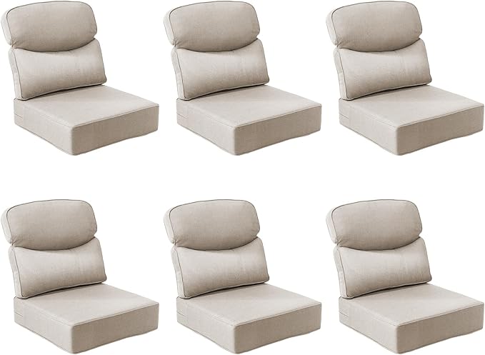 Outdoor Cushion Set for Patio Furniture, UV Resistant, Water Resistant - 6 Inch Thick Dual Layer Back Support Cushions– 24x24 Inch Patio Seat Covers for Chair/Sofa/Couch | Beige | 6-Pack |