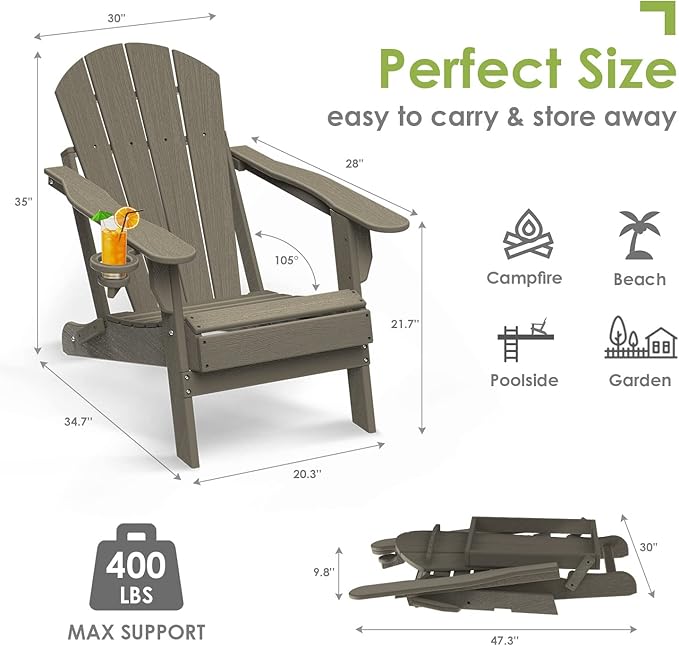 GREENVINES Folding-Adirondack-Chair-Set-of-4 | Wood Grain | HDPE Plastic | Fire Pit Chairs | All Weather | Cup Holder | Desert Brown | for Deck Backyard Patio Outdoor