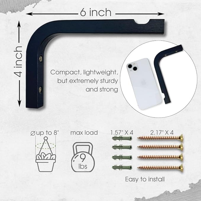 EvenWood 2-Piece Set of Plant Hooks for Wall 6 inch - Mounted Wooden Plant Hook - Indoor and Outdoor Bracket Plant Hanger for Planters, Lanterns, Bird Feeders, Patio Decorations (Black)