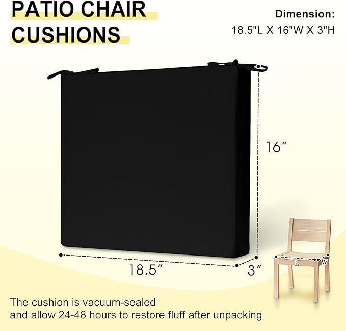 downluxe Outdoor Chair Cushions Set of 2 for Patio Furniture, Water-Resistant Square Corner Patio Chair Cushions with Ties, High Density Foam Outdoor Seat Cushion, 18.5" X 16" X 3", Black