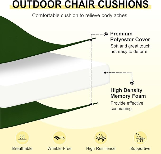 downluxe Outdoor Chair Cushions Set of 4 for Patio Furniture, Water-Resistant Square Corner Patio Chair Cushions with Ties, High Density Foam Outdoor Seat Cushion, 18.5" X 16" X 3", Forest Green