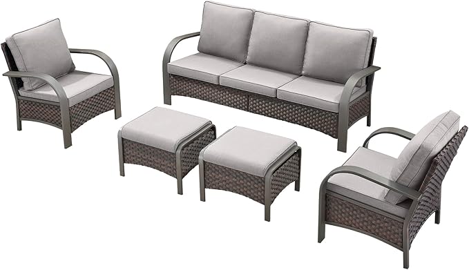 HUMMUH Outdoor Patio Conversation Furniture Sets-Deep Seating Wicker Patio Chairs with Patio Sofa Set Outdoor Patio Furniture for Deck Porch Garden Poolside Backyard-Brown/Grey