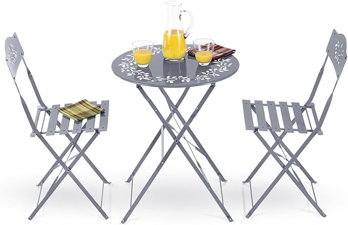 Alpine Corporation Indoor/Outdoor 3-Piece Bistro Set Folding Table and Chairs Patio Seating, Gray