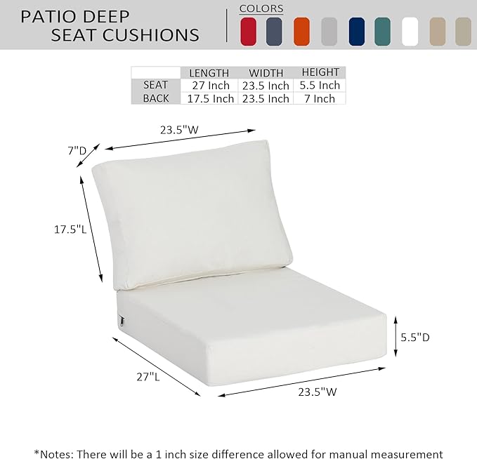23.5"x27" Outdoor Deep Seat Patio Cushions Set of 2, Deep Seat Bottom Resilient Foam Filling Water-Resistant Stain-Resistant UV Resistant Weather Resistant with YKK Zippers, Almond