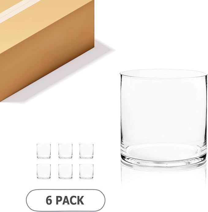 WGVI Thick Weighted Clear Right Cylinder Glass Vases, 8" W x 8" H, Equilateral Cylinder Glass Candle Holders Flower Arrangement Centerpieces Tabletop Storage Container Decor, Bulk Wholesale, 6 Pcs