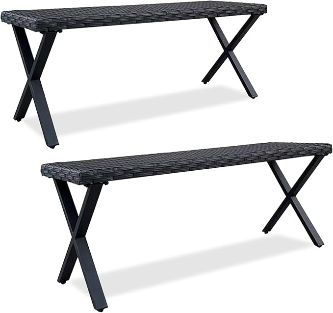 Outdoor Rattan Backless Bench Set of 2, Weatherproof Patio Bench with Seat and X-Shaped Legs, All-Weather Garden Bench for Porch, Patio, Lawn and Backyard, Black