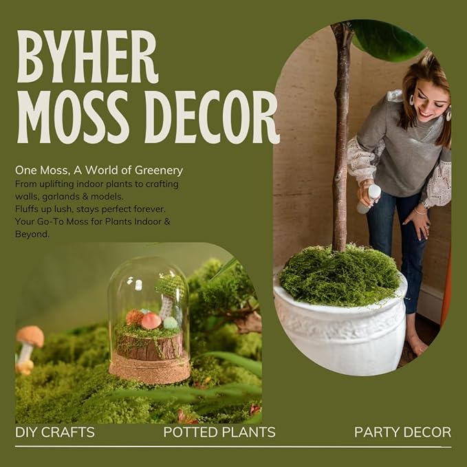 BYHER Fake Moss for Crafts – 3.5OZ Fluffy Cloudlike Artificial Moss for Potted Plant Indoor & Fairy Gardens – Realistic Green Moss Alternative for Terrariums, Dioramas, Model Scenes (Dark Green)
