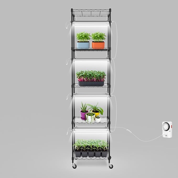 SOLIGT Plant Shelf with Grow Lights, 5 Tier Grow Light Stand Rack with 8 Pack 16“ 6000K T5 Full Spectrum Led Grow Lights for Indoor Plants, Seed Starting, Seedling Growing, Timer Included