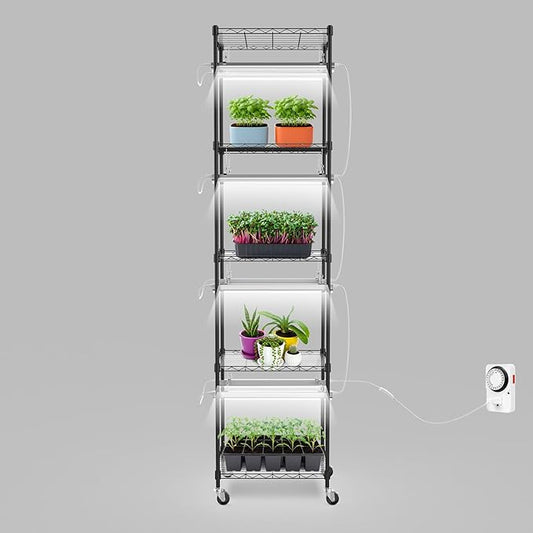 SOLIGT Plant Shelf with Grow Lights, 5 Tier Grow Light Stand Rack with 8 Pack 16“ 6000K T5 Full Spectrum Led Grow Lights for Indoor Plants, Seed Starting, Seedling Growing, Timer Included