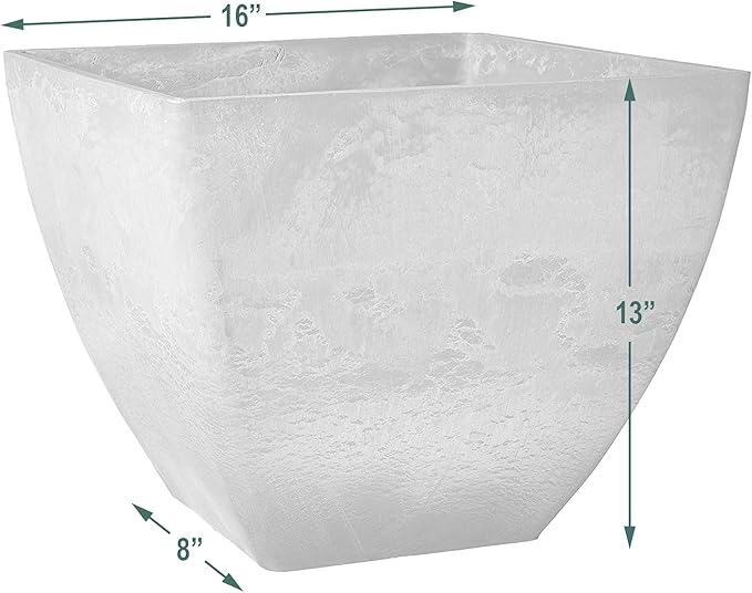 PSW Pot Collection 16x13 inch Plastic/Stone/Wood Composite Square Planter – No Drainage Hole (Drillable), Modern Indoor/Outer Pot for Flowers, Foliage, Succulents, Fairy Gardens, Dark Charcoal