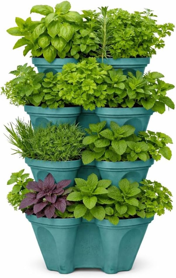 Strawberry Planter Tower, 4 Tier Stackable Vertical Planter, 28 Plant Sites, Space Saving Garden Planter, Indoor Outdoor, Made in USA (Mineral Teal, Small)
