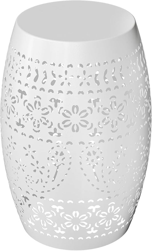 Outdoor Accent Iron Side Table,9.4" Steel Patio End Table, Round Hollow Drum Patio Garden Stool,Round,Iron Decorative Garden Stool,for Indoor and Outdoor,White