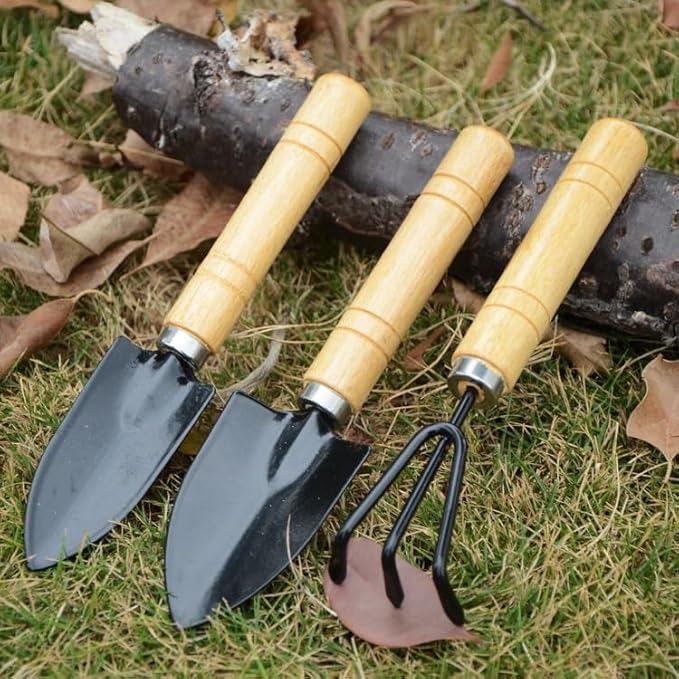 3 PCS Mini Gardening Tool Set, Shovel, Spade, Rake Kit with Ergonomic Wooden Handles, Ideal for Planting, Weeding and Cultivating, Kid Gardening Plant Tool for Cactus Herbs Indoor Miniature Plants
