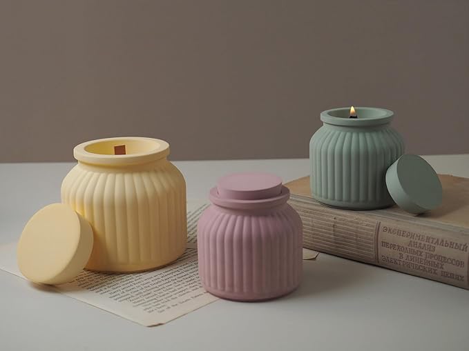 Storage Box With Lids, Silicone Candle Jar Molds Set, Creative Vessels Pot Molds, Concrete Round Stripe With Cover Bottle Making Moulds for Holder (L-2Pcs)