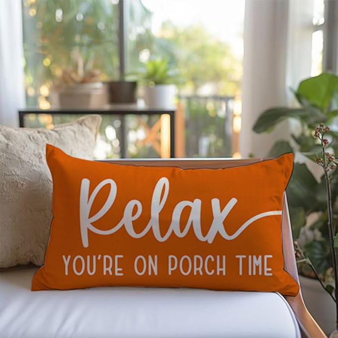 PANDICORN Decorative Throw Pillow Covers 12x20 Inch Relax Porch Time Orange Outdoor Farmhouse Spring Fall Decorations Cozy Lumbar Decorative Cushion Case for Sofa Couch Patio Front Porch Decor