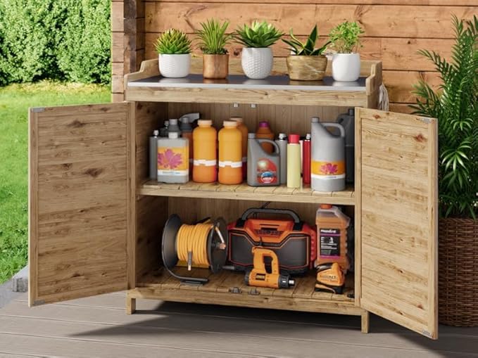Gizoon Outdoor Potting Bench with Metal Tabletop, Outdoor Garden Patio Wooden Storage Cabinet with Adjustable Shelf, Double Doors Garden Work Bench for Backyard, Patio, Lawn - Natural