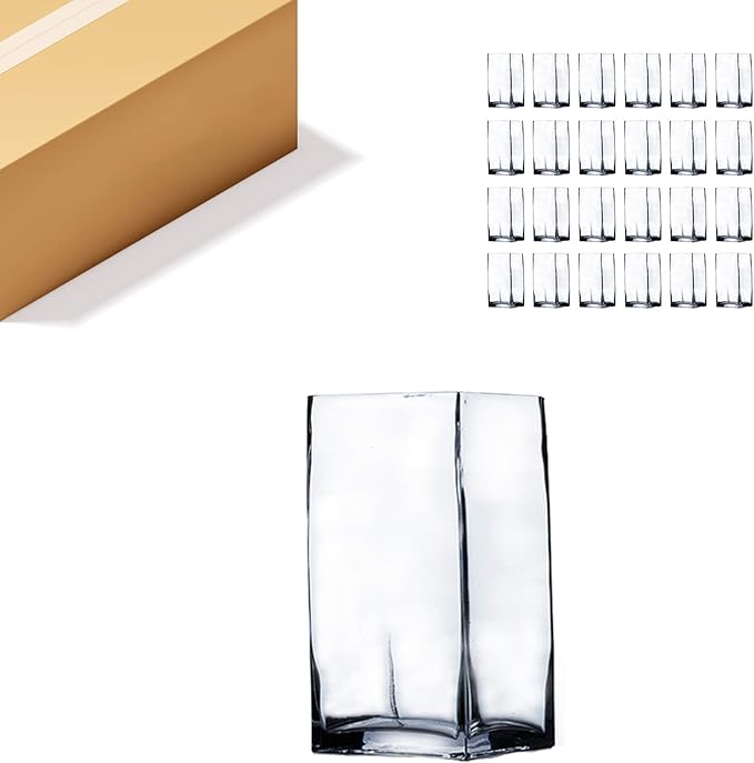 WGV Tall Square Vase Glass Block Bulk, Length 3", Height 6", Clear Bud Floral Container, Candle Holder, Planter Terrarium for Wedding Party Event, Home Office Decor, 24 Pieces