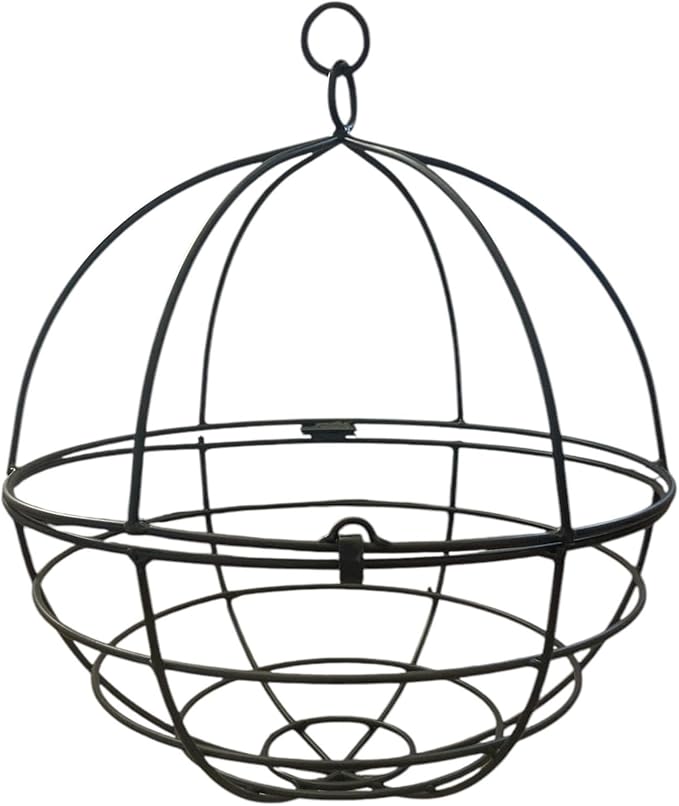 Large Wrought Iron Hanging Globe Planter – Amish Handmade Metal Sphere Plant Hanger for Indoor Outdoor Use – Clamshell Basket Style – Rustic Black Garden Patio Decor for Flowers, Ferns, Lanterns