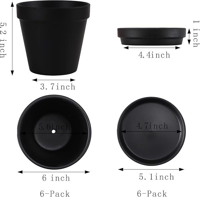 Yishang Large Terra Cotta Pots with Saucer- 6 Pack Large 6'' Terra Cotta Plant Pot with Drainage Hole, Flower Pot with Tray, Terracotta Pot for Indoor Outdoor Plant(Black)