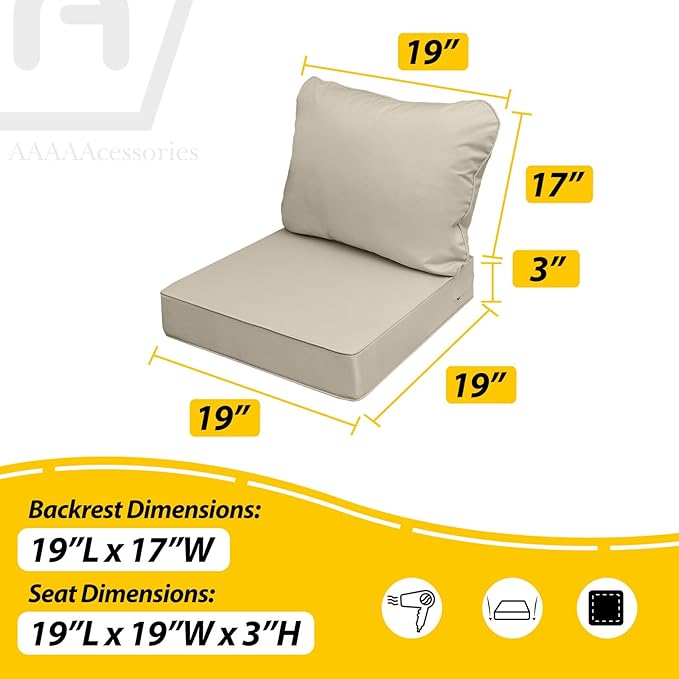 AAAAAcessories Outdoor Seat Cushions for Chairs, Fade-Resistant, Waterproof Patio Furniture Replacement Cushions, 19" x 19" x 3" + 19" x 17", Set of 4, Beige