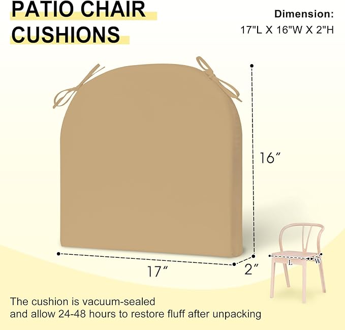 downluxe Outdoor Chair Cushions Set of 2 for Patio Furniture, Water-Resistant Patio Chair Cushions with Ties, High Density Foam Outdoor Seat Cushion, 17" X 16" X 2", Khaki