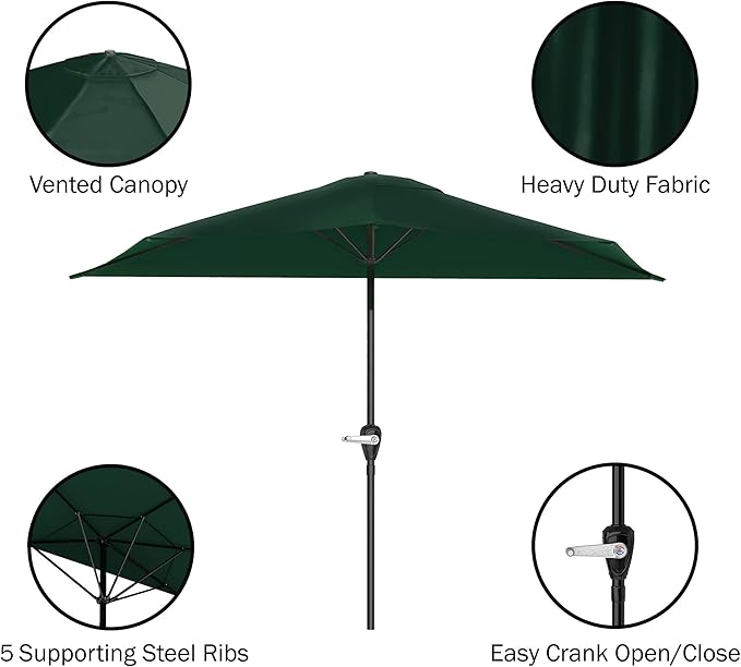 9-Ft Half Patio Umbrella Easy Crank Semicircle Balcony Shade with 20lb Weighted Base for Deck, Porch, or Against a Wall by Pure Garden (Hunter Green)