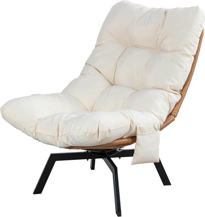 Vongrasig Swivel Wicker Chair PE Rattan Chair with Cushion, Oversized Patio Lounge Chair for Outdoor, Indoor, Balcony, Backyard, Garden, Living Room, Beige