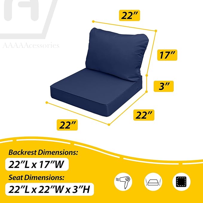 AAAAAcessories Outdoor Seat Cushions for Chairs, Fade-Resistant, Waterproof Patio Furniture Replacement Cushions, 22" x 22" x 3" + 22" x 17", Set of 4, Navy Blue